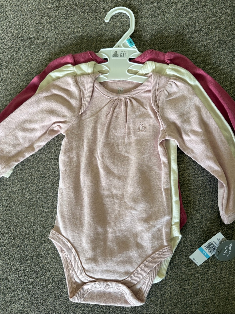 GAP 3-Pack Long-Sleeve Bodysuits in Light Pink, Cream & Plum